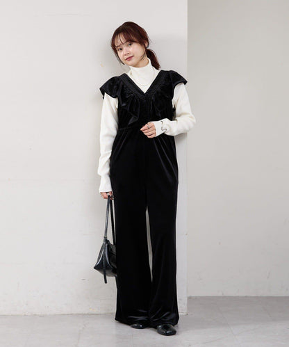 天鵝絨荷葉邊連體褲