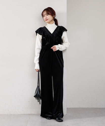 天鵝絨荷葉邊連體褲