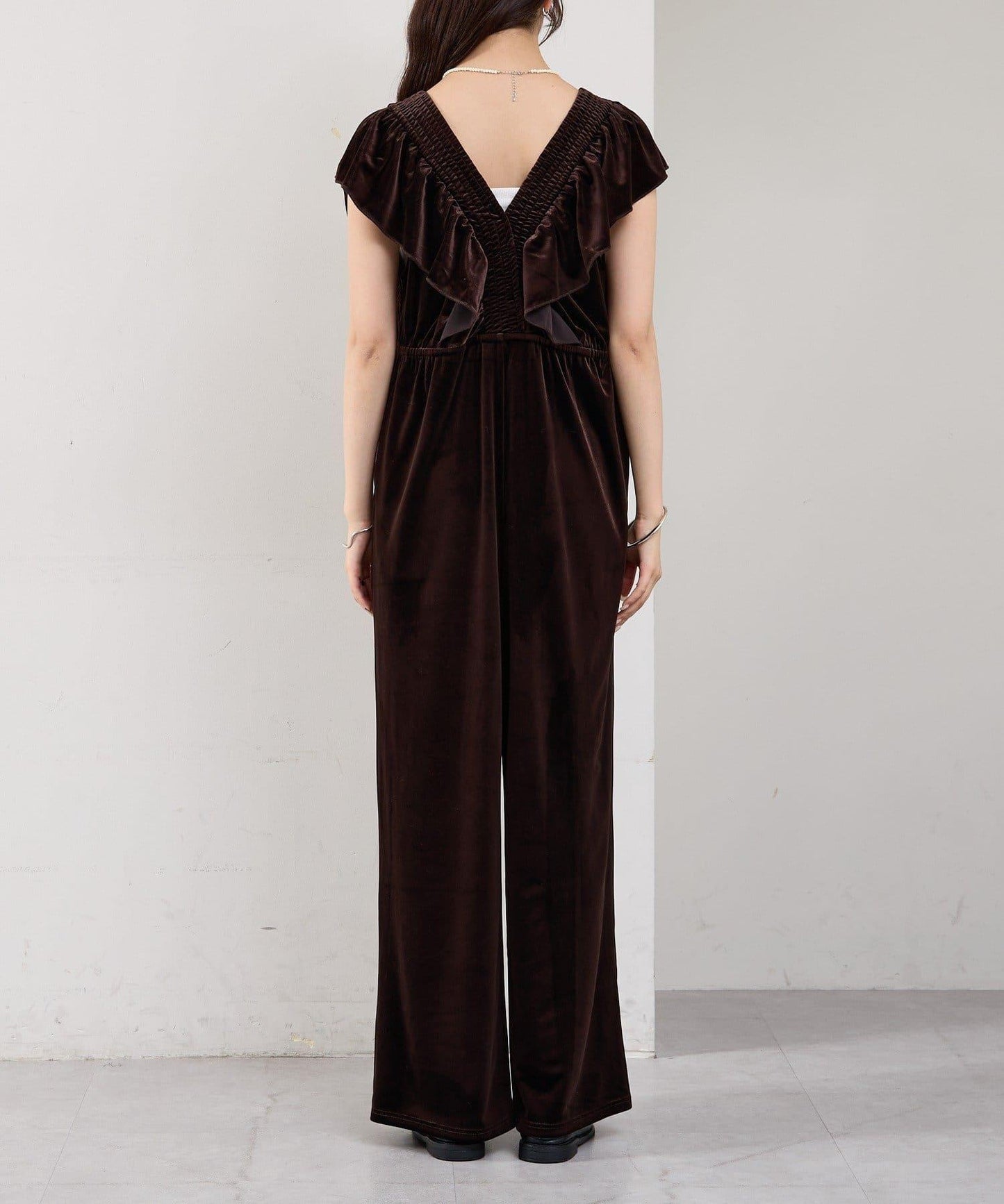 天鵝絨荷葉邊連體褲