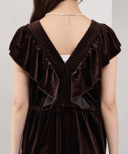 天鵝絨荷葉邊連體褲