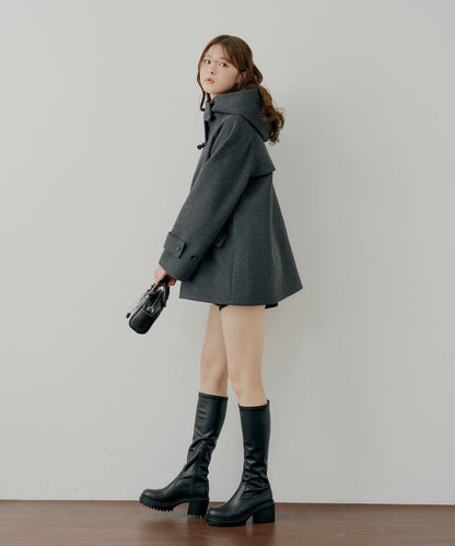 連帽牛角扣中長款大衣