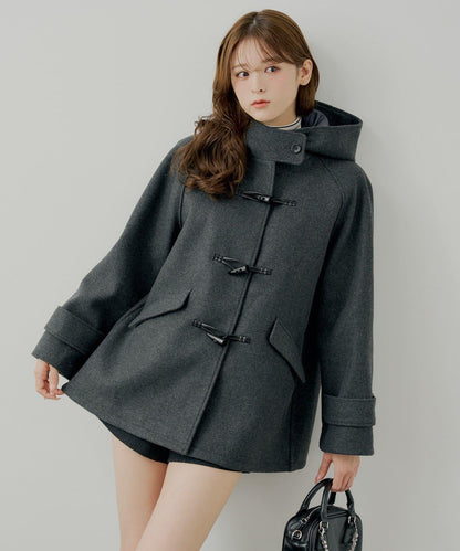 連帽牛角扣中長款大衣