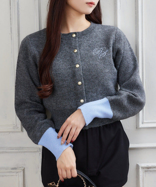 拼色袖部刺繡開衫