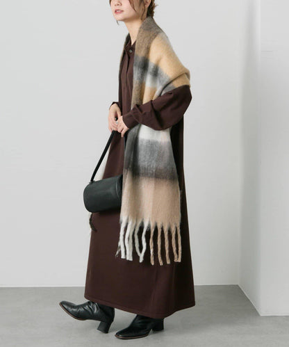 仿羊毛格紋流蘇圍巾