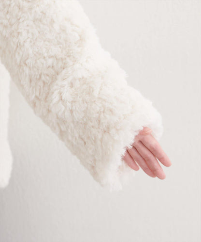 拼色仿羊羔絨中長款大衣