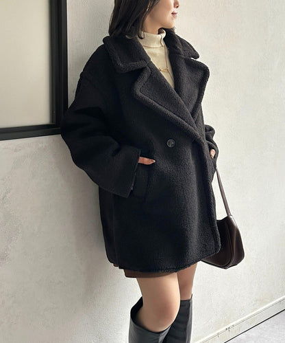 F羊羔絨中長款雙排扣大衣