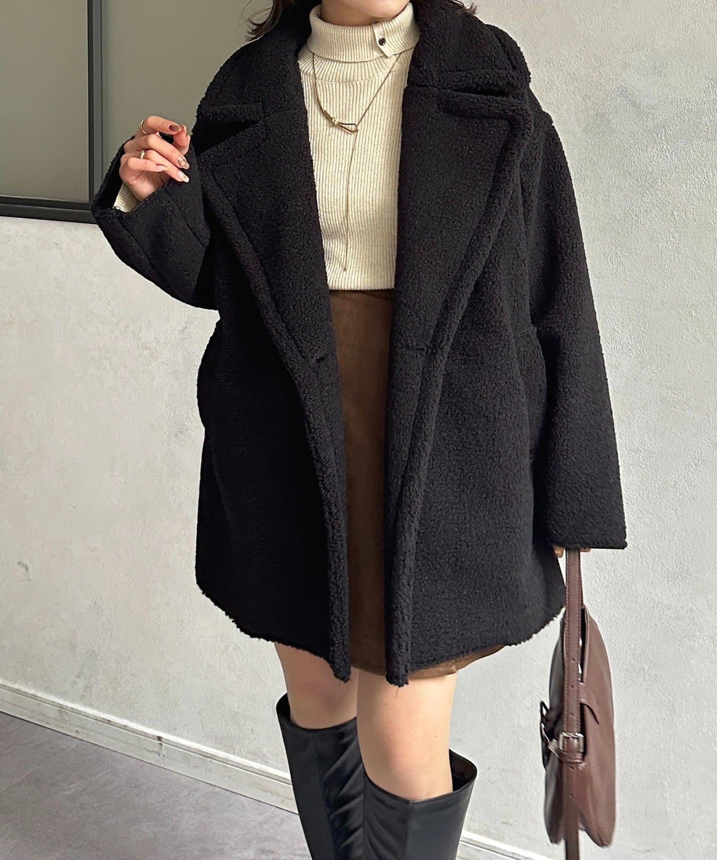 F羊羔絨中長款雙排扣大衣