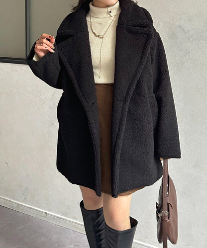 F羊羔絨中長款雙排扣大衣