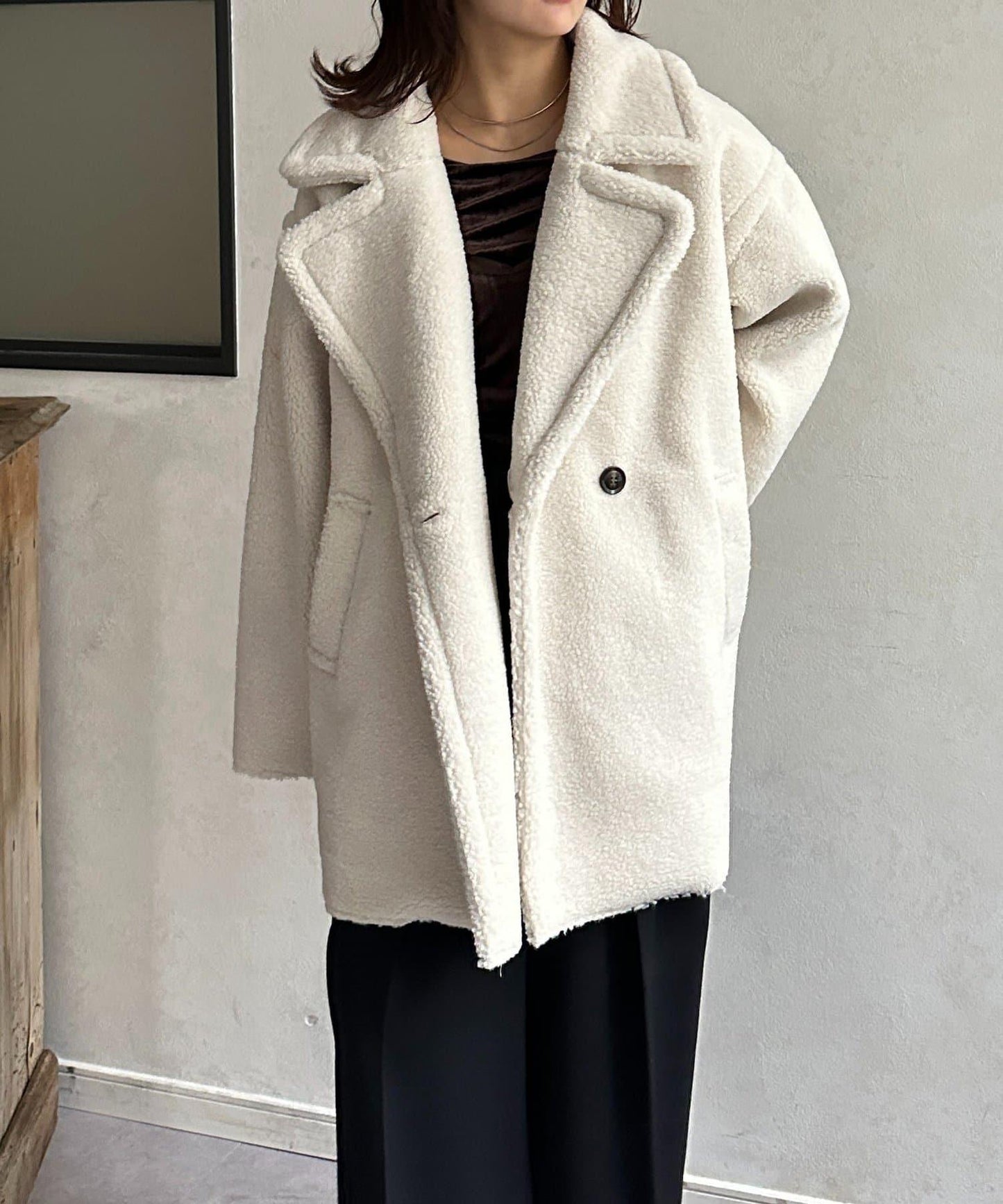 F羊羔絨中長款雙排扣大衣