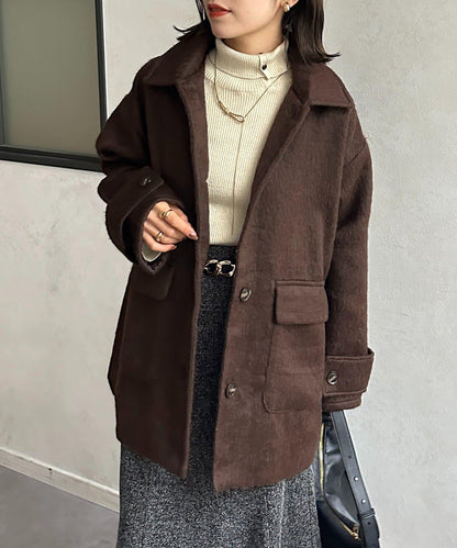 翻領長毛中長款大衣