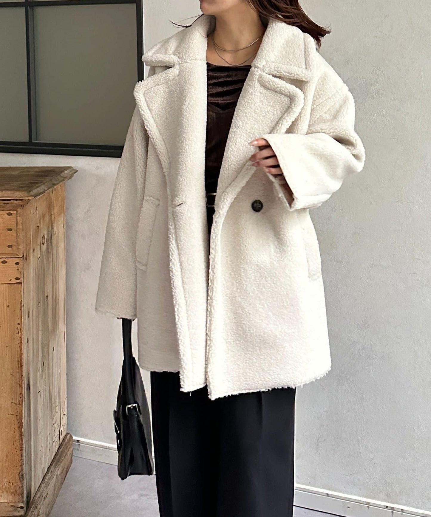 F羊羔絨中長款雙排扣大衣