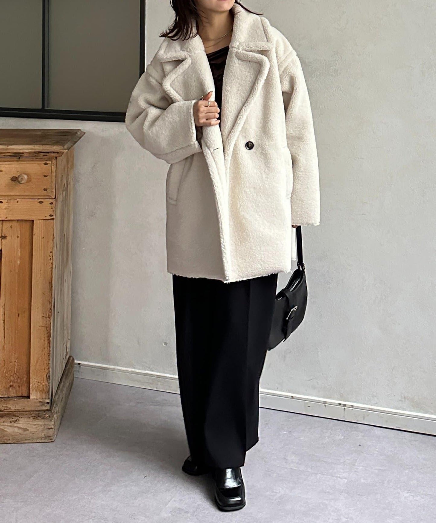 F羊羔絨中長款雙排扣大衣