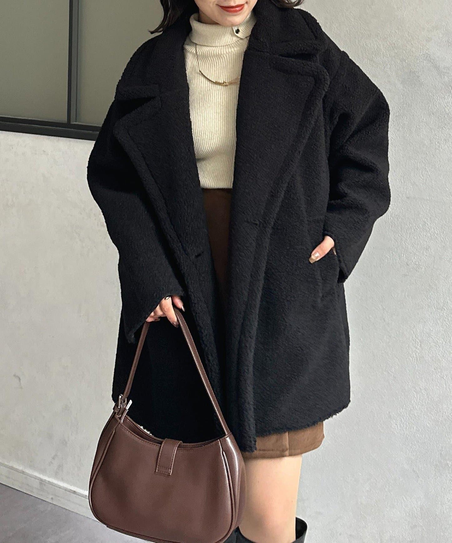 F羊羔絨中長款雙排扣大衣