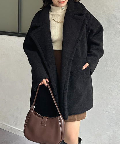 F羊羔絨中長款雙排扣大衣