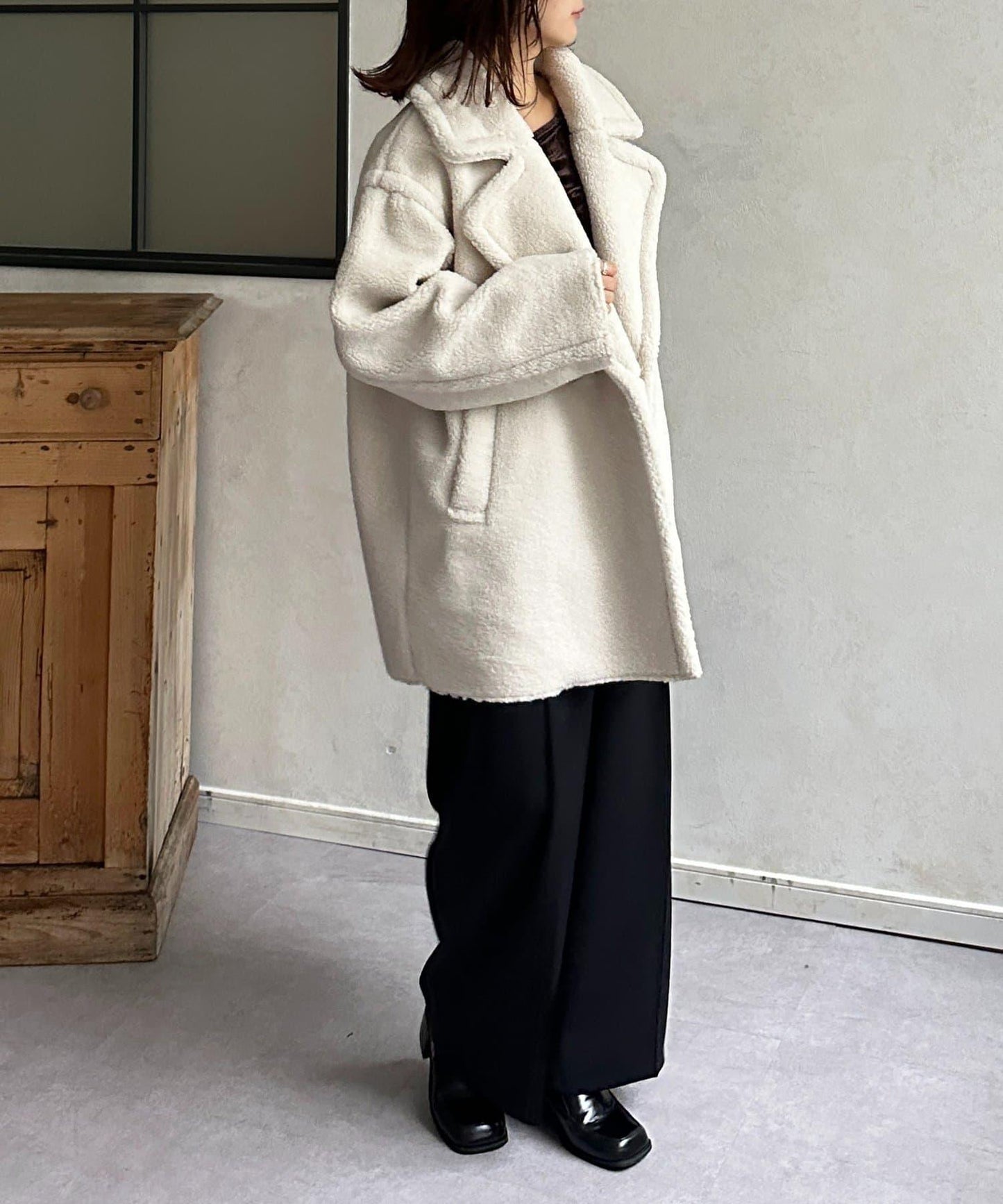 F羊羔絨中長款雙排扣大衣