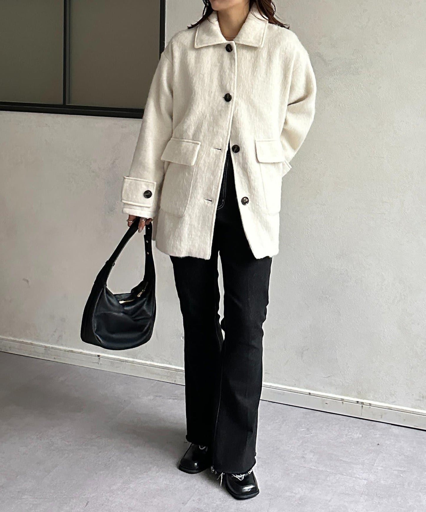 翻領長毛中長款大衣