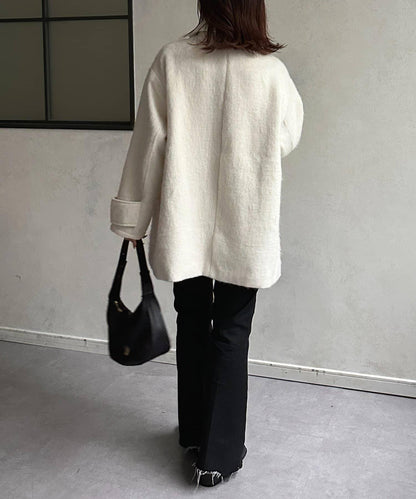 翻領長毛中長款大衣