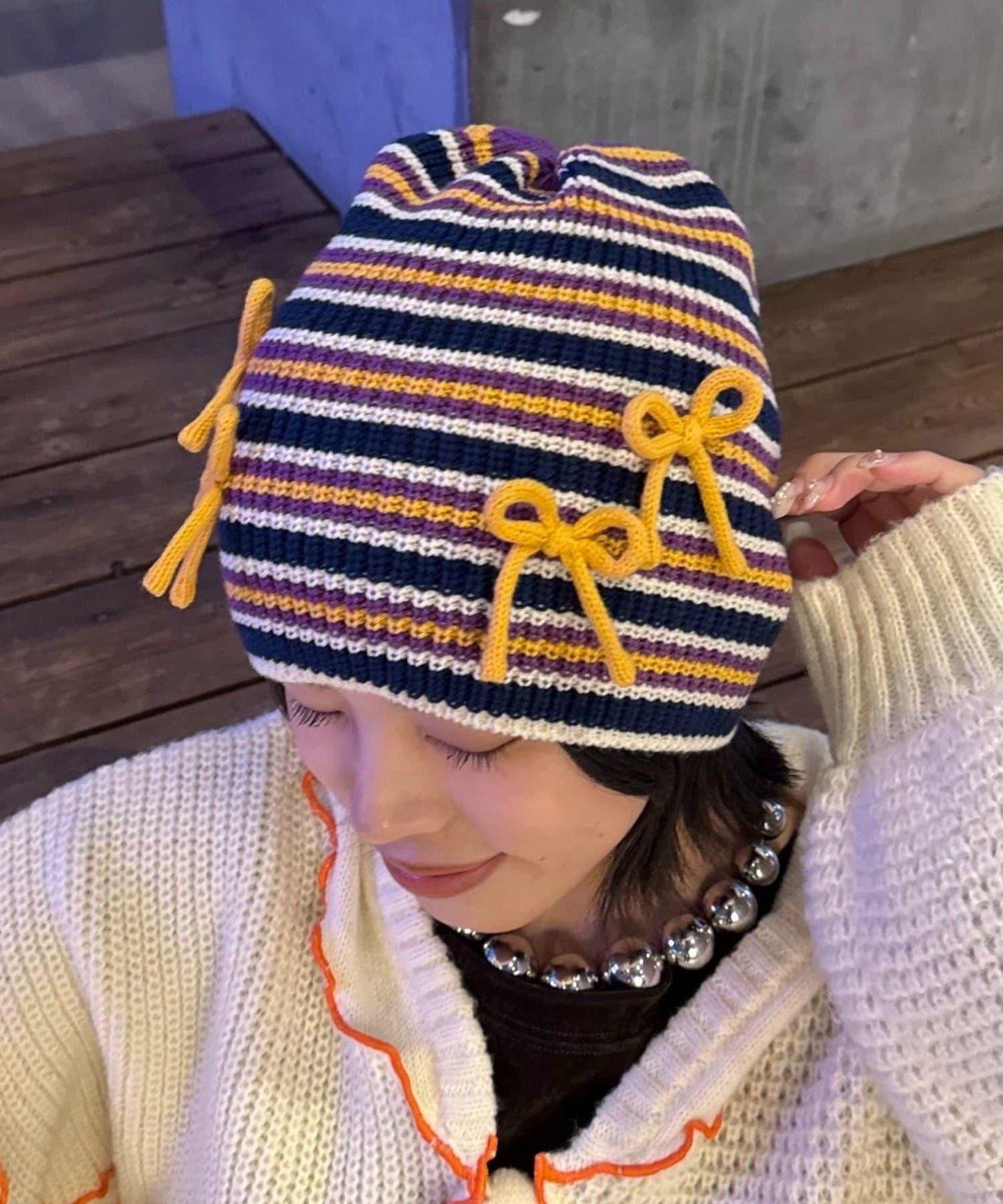 ★【HELLO.SANFRANCISCO/ハローサンフランシスコ】帶蝴蝶結多色條紋針織帽