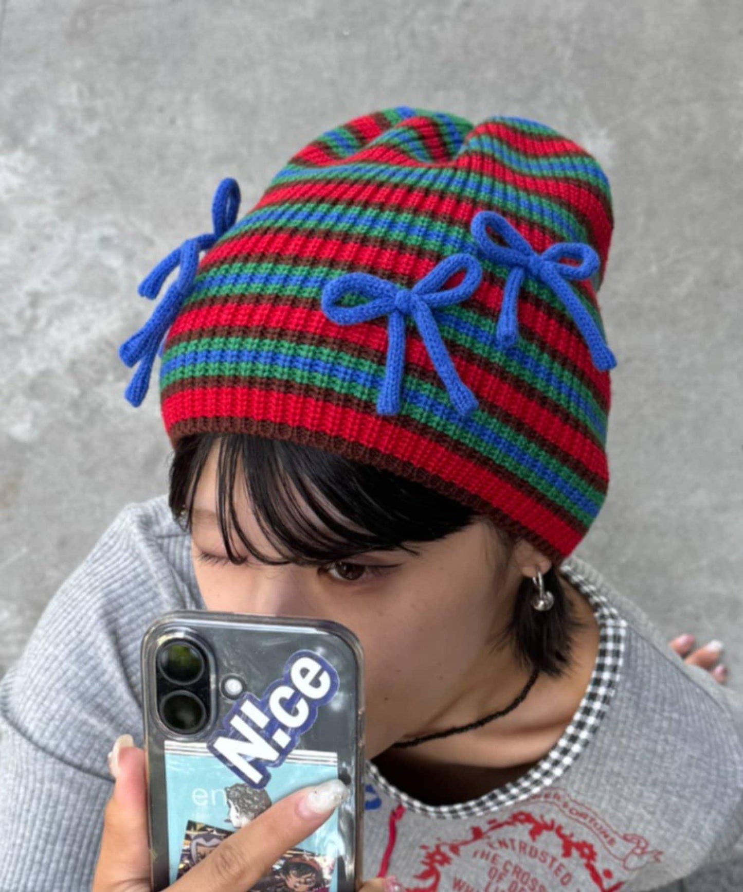 ★【HELLO.SANFRANCISCO/ハローサンフランシスコ】帶蝴蝶結多色條紋針織帽