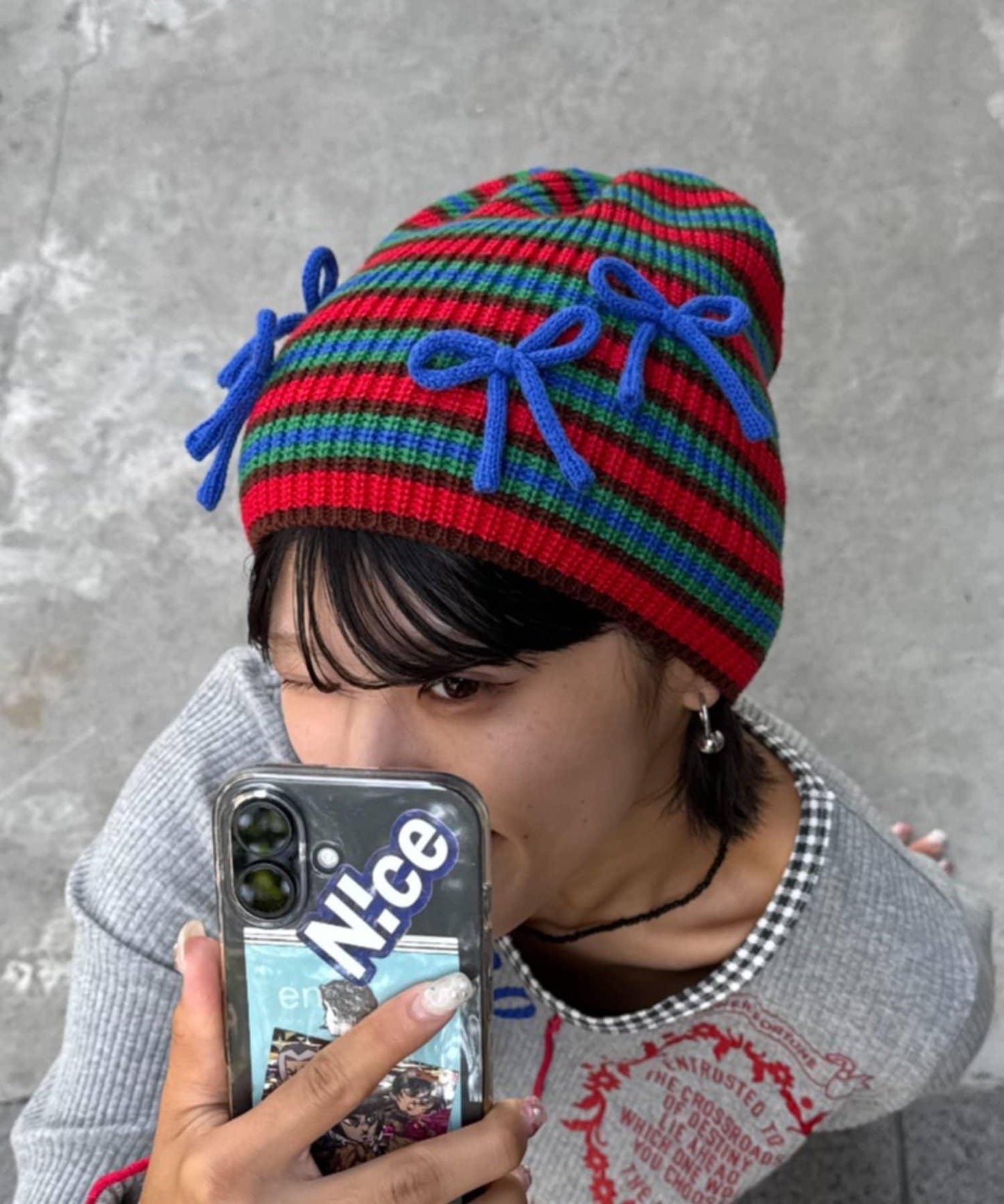 ★【HELLO.SANFRANCISCO/ハローサンフランシスコ】帶蝴蝶結多色條紋針織帽