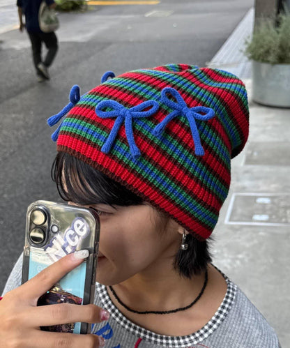 ★【HELLO.SANFRANCISCO/ハローサンフランシスコ】帶蝴蝶結多色條紋針織帽