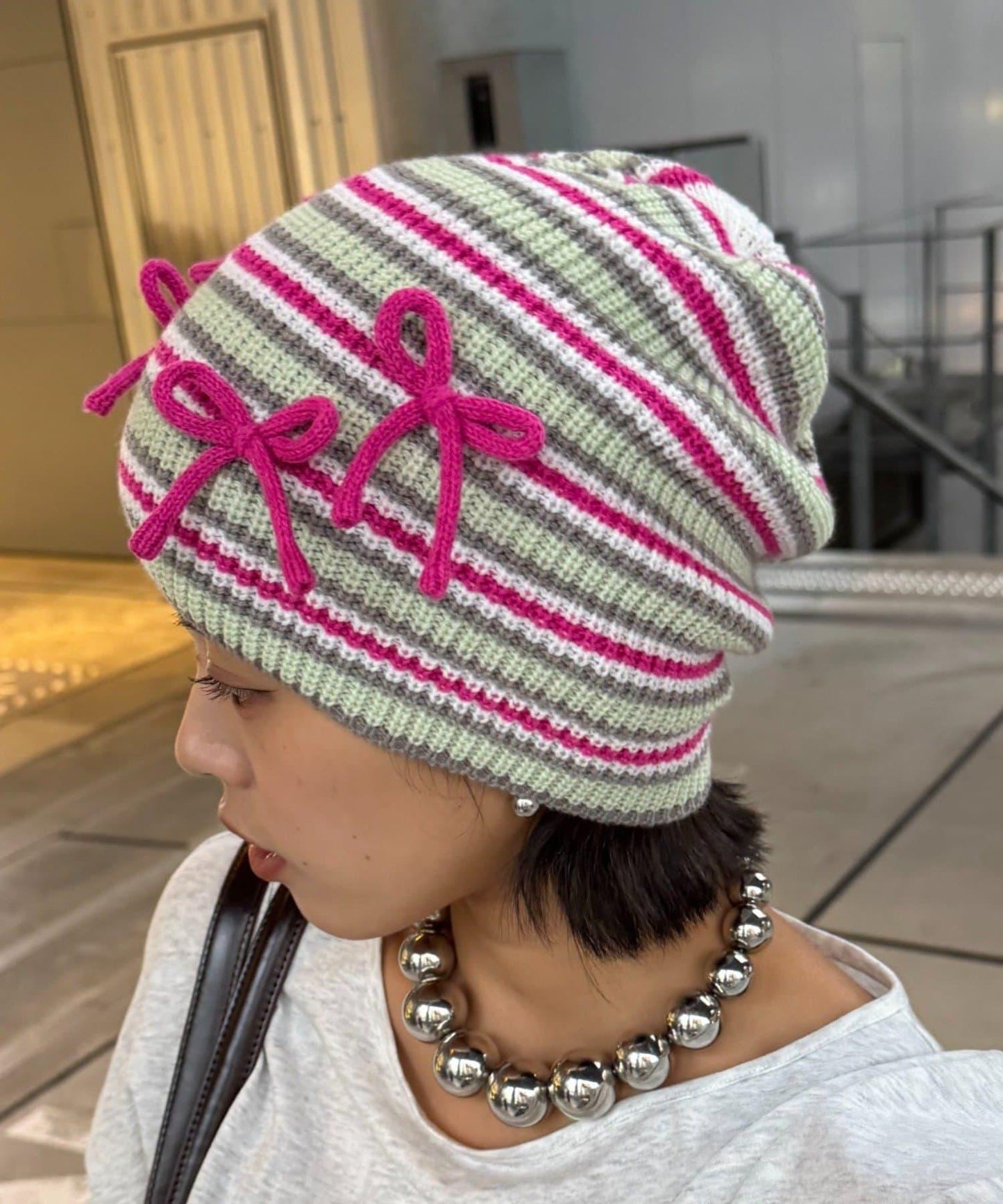 ★【HELLO.SANFRANCISCO/ハローサンフランシスコ】帶蝴蝶結多色條紋針織帽