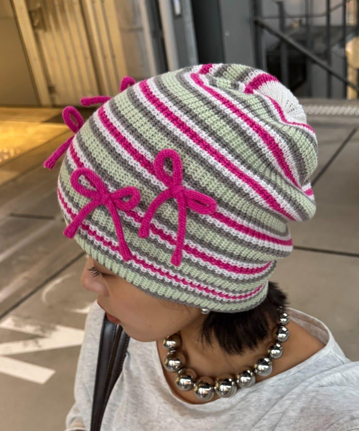 ★【HELLO.SANFRANCISCO/ハローサンフランシスコ】帶蝴蝶結多色條紋針織帽