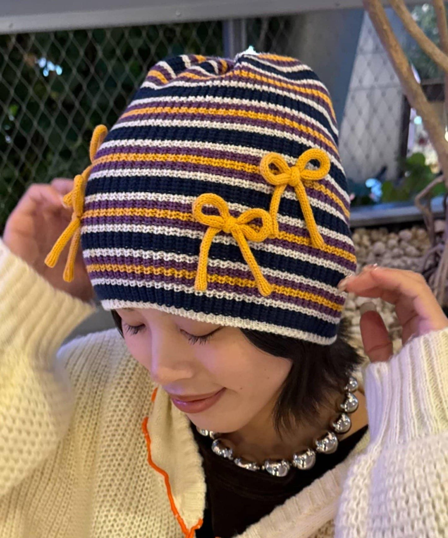 ★【HELLO.SANFRANCISCO/ハローサンフランシスコ】帶蝴蝶結多色條紋針織帽