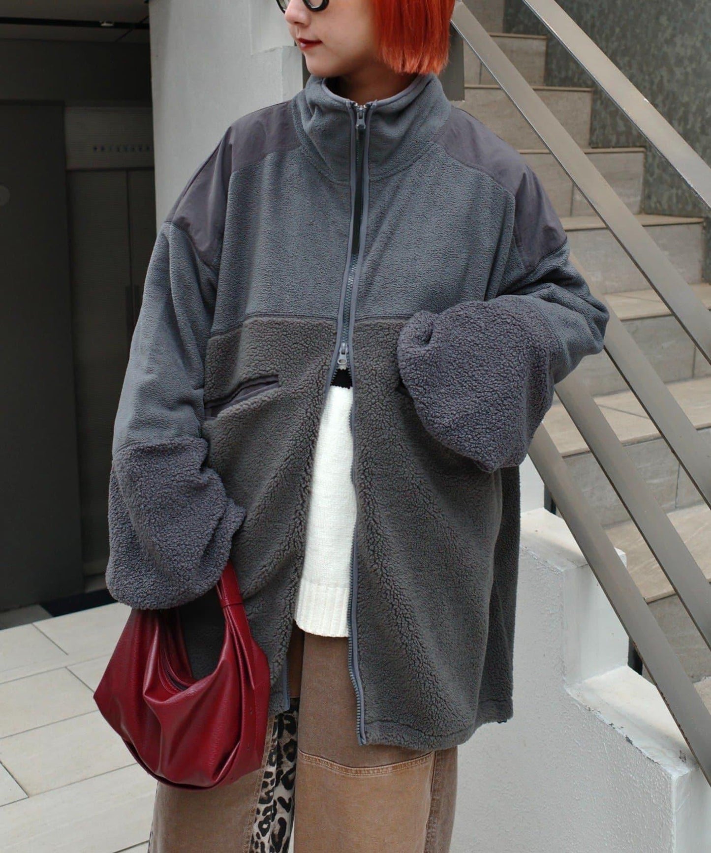 【etsinta/エシンタ】拼接羊羔絨寬鬆夾克