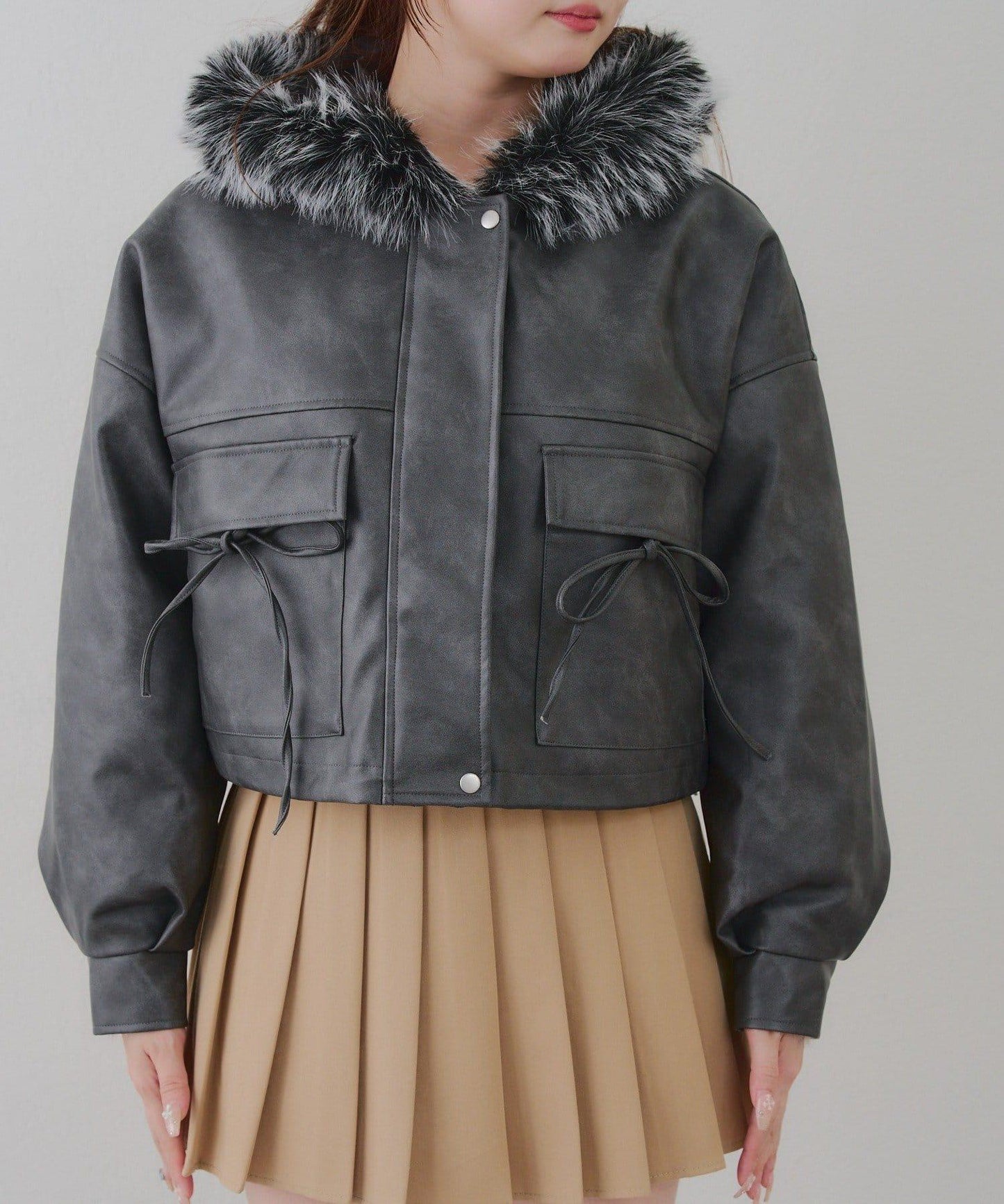 顯瘦造型最強外套【RMAF】連帽毛絨蝴蝶結飛行夾克