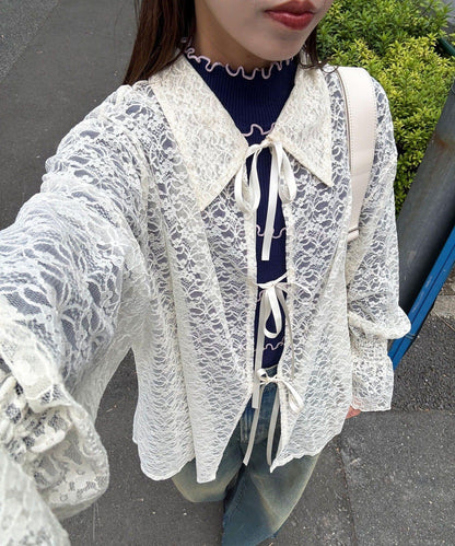 帶領蕾絲蝴蝶結開衫