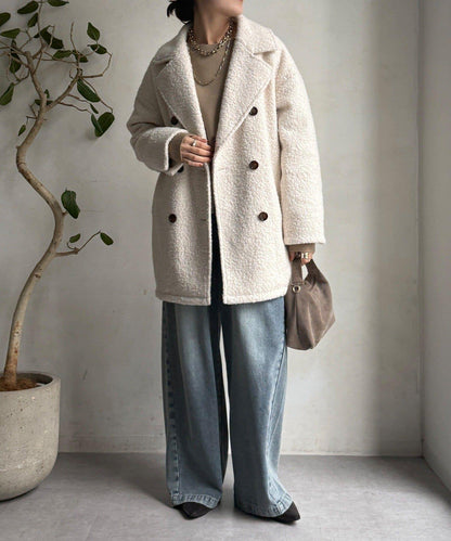 羊羔絨羽絨雙排扣西裝領大衣