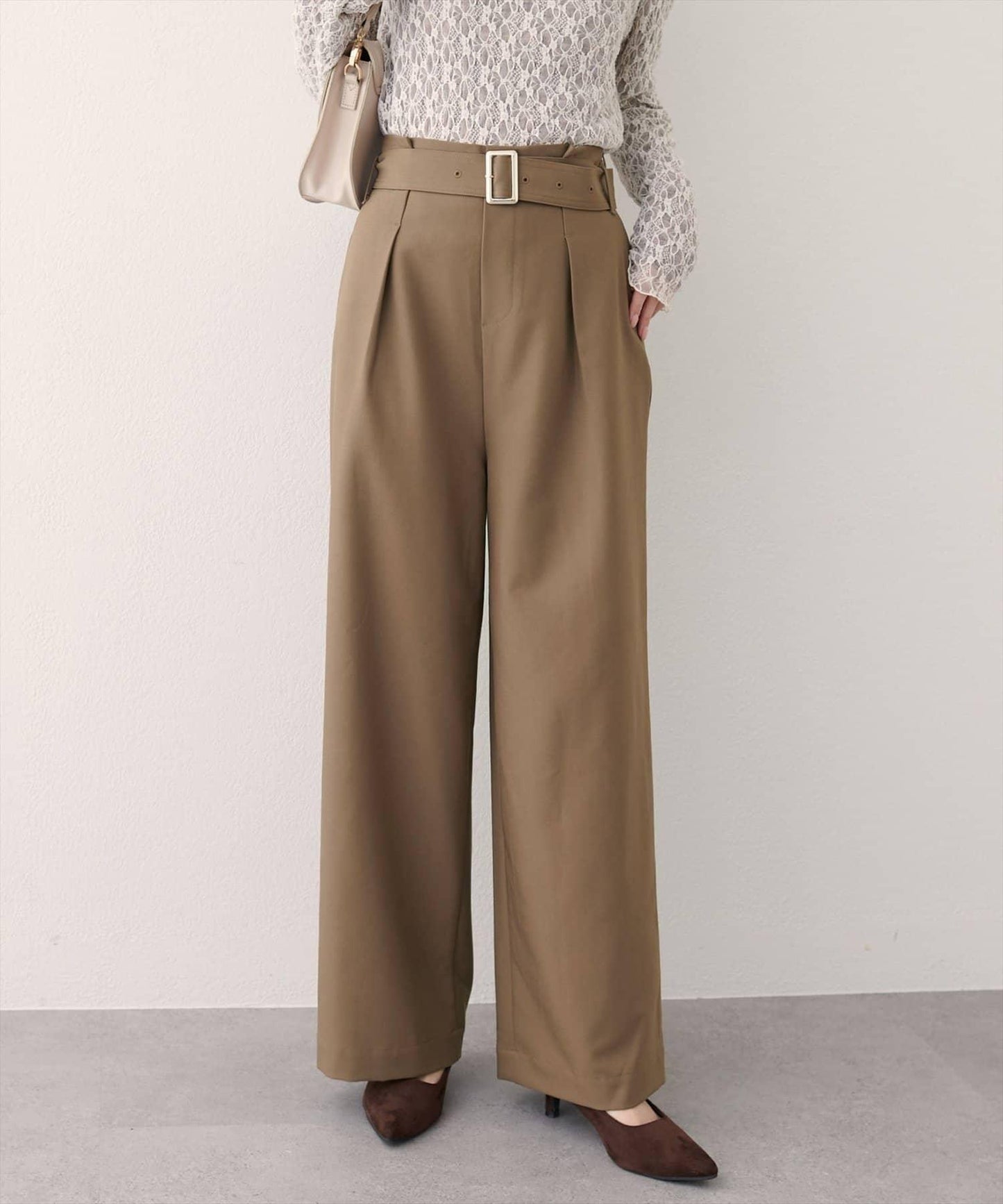 【natural couture】帶扣腰帶褶皺長褲