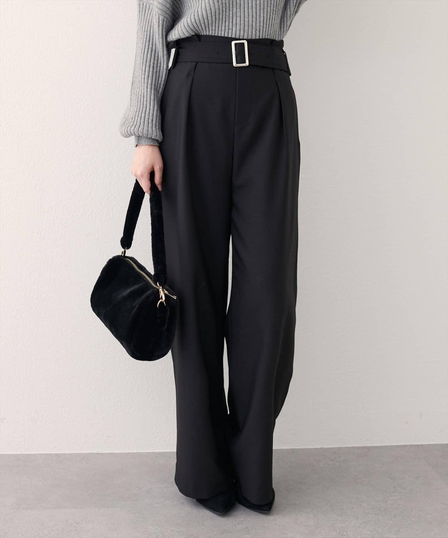 【natural couture】帶扣腰帶褶皺長褲