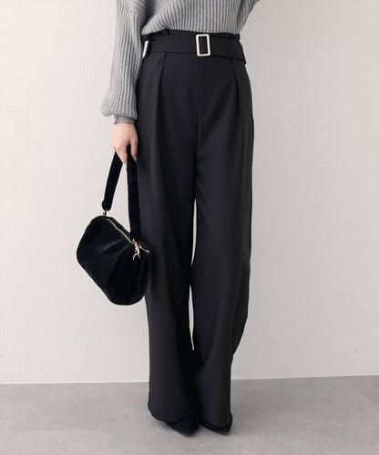 【natural couture】帶扣腰帶褶皺長褲