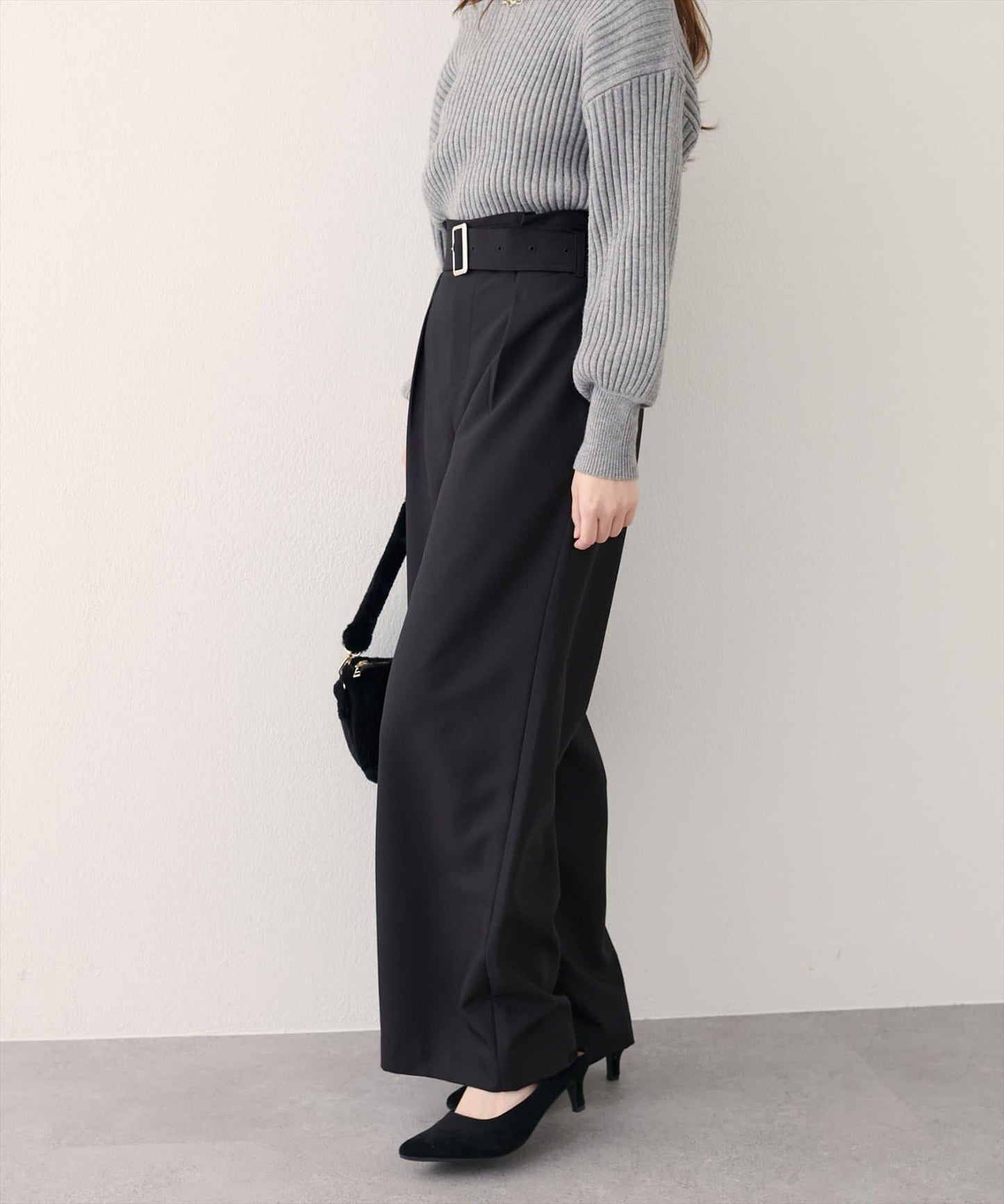 【natural couture】帶扣腰帶褶皺長褲