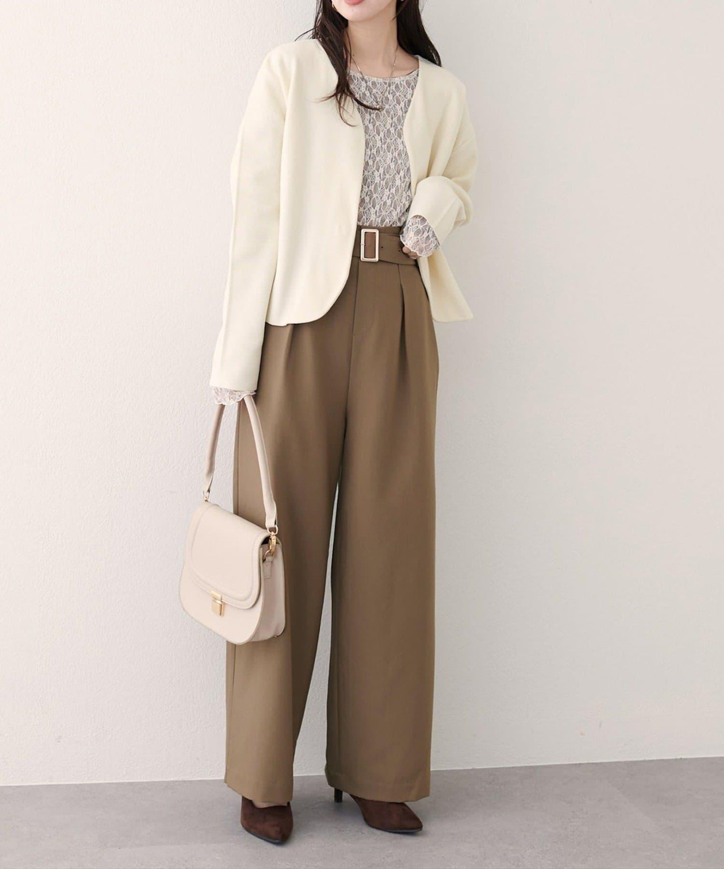 【natural couture】帶扣腰帶褶皺長褲