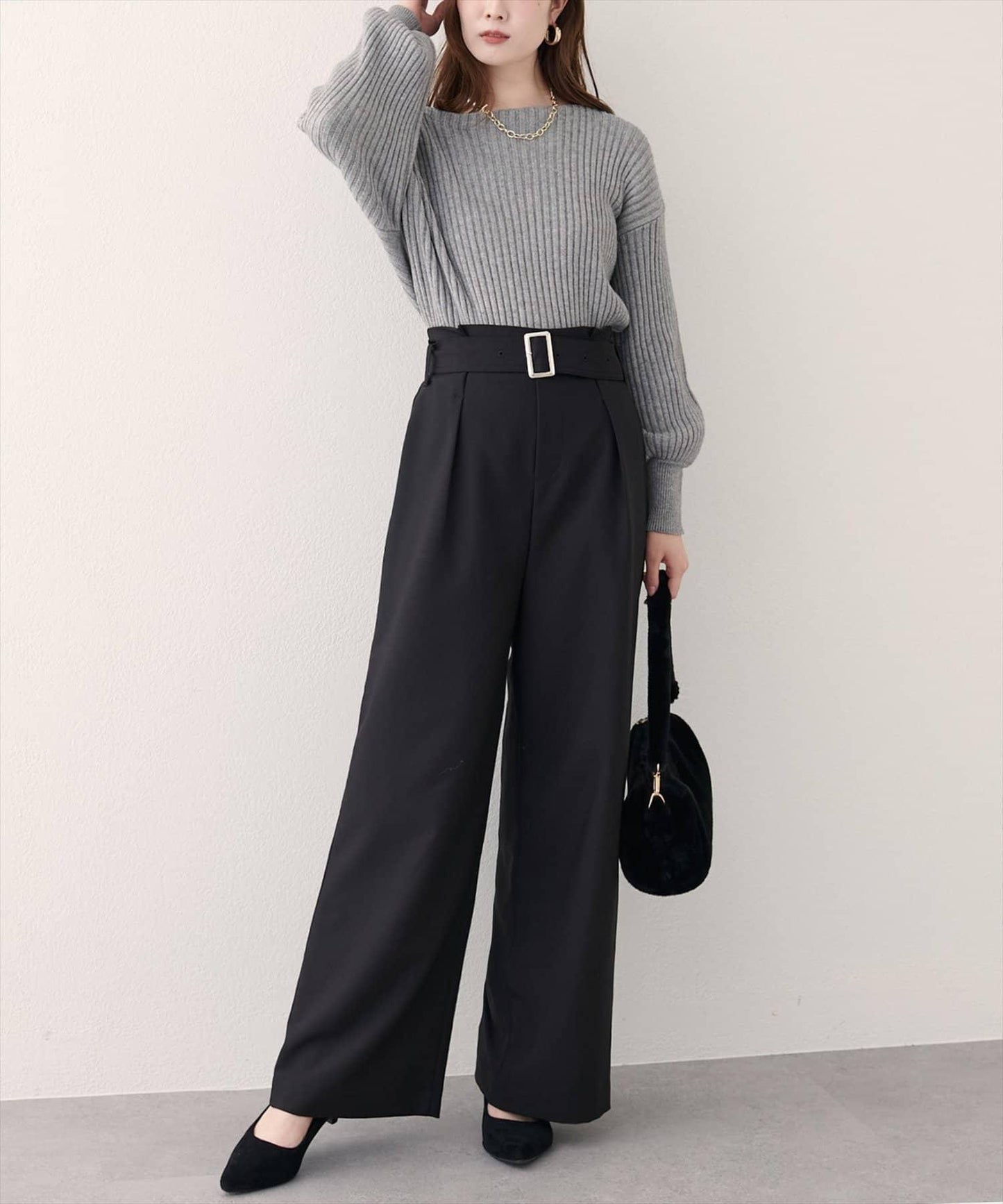 【natural couture】帶扣腰帶褶皺長褲