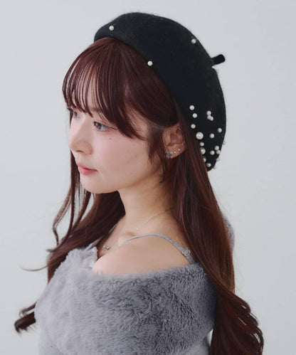 珍珠與水鑽裝飾貝雷帽