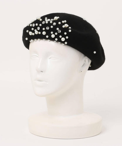 珍珠與水鑽裝飾貝雷帽