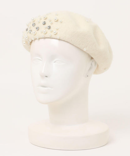 珍珠與水鑽裝飾貝雷帽