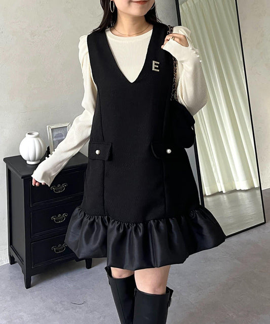 下襬氣球袖呢料連衣裙