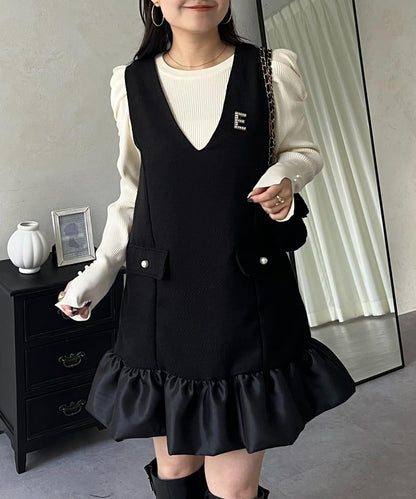 下襬氣球袖呢料連衣裙