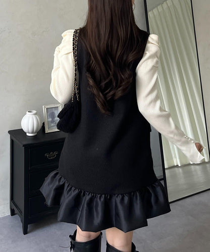 下襬氣球袖呢料連衣裙