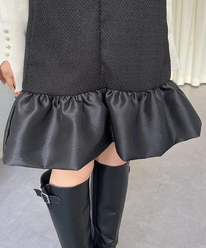 下襬氣球袖呢料連衣裙