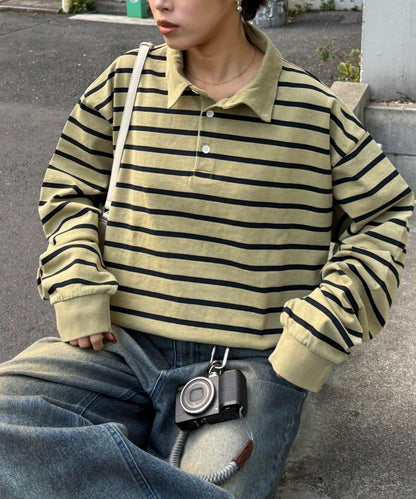 水洗工藝條紋翻領上衣