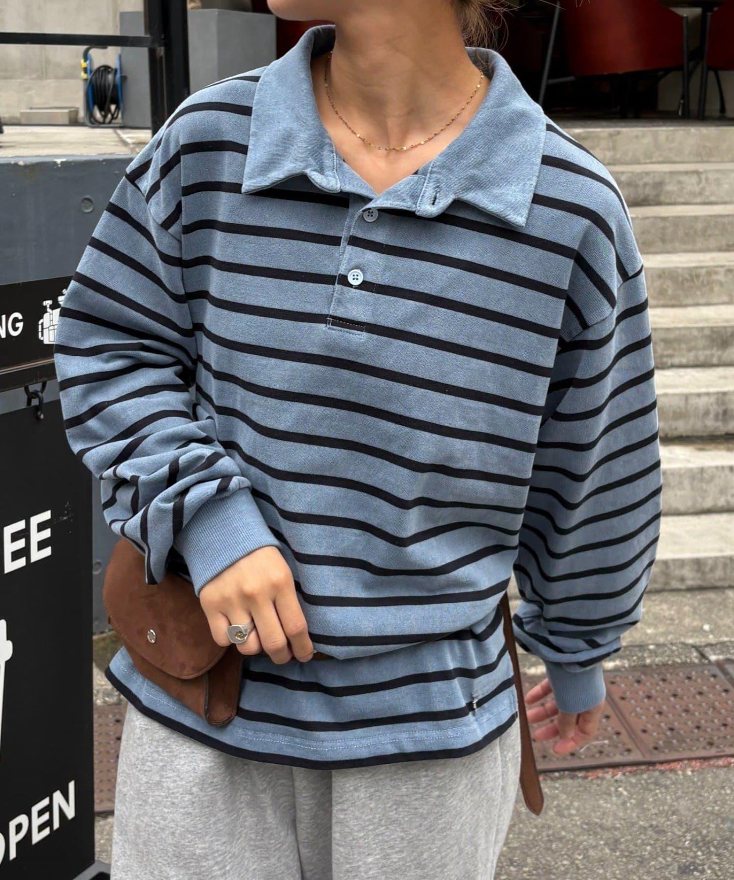 水洗工藝條紋翻領上衣