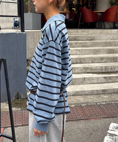 水洗工藝條紋翻領上衣