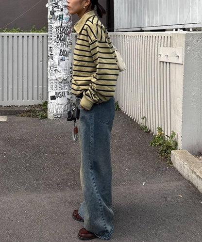 水洗工藝條紋翻領上衣