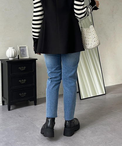 【MOMO】內層微絨彈力錐形牛仔褲